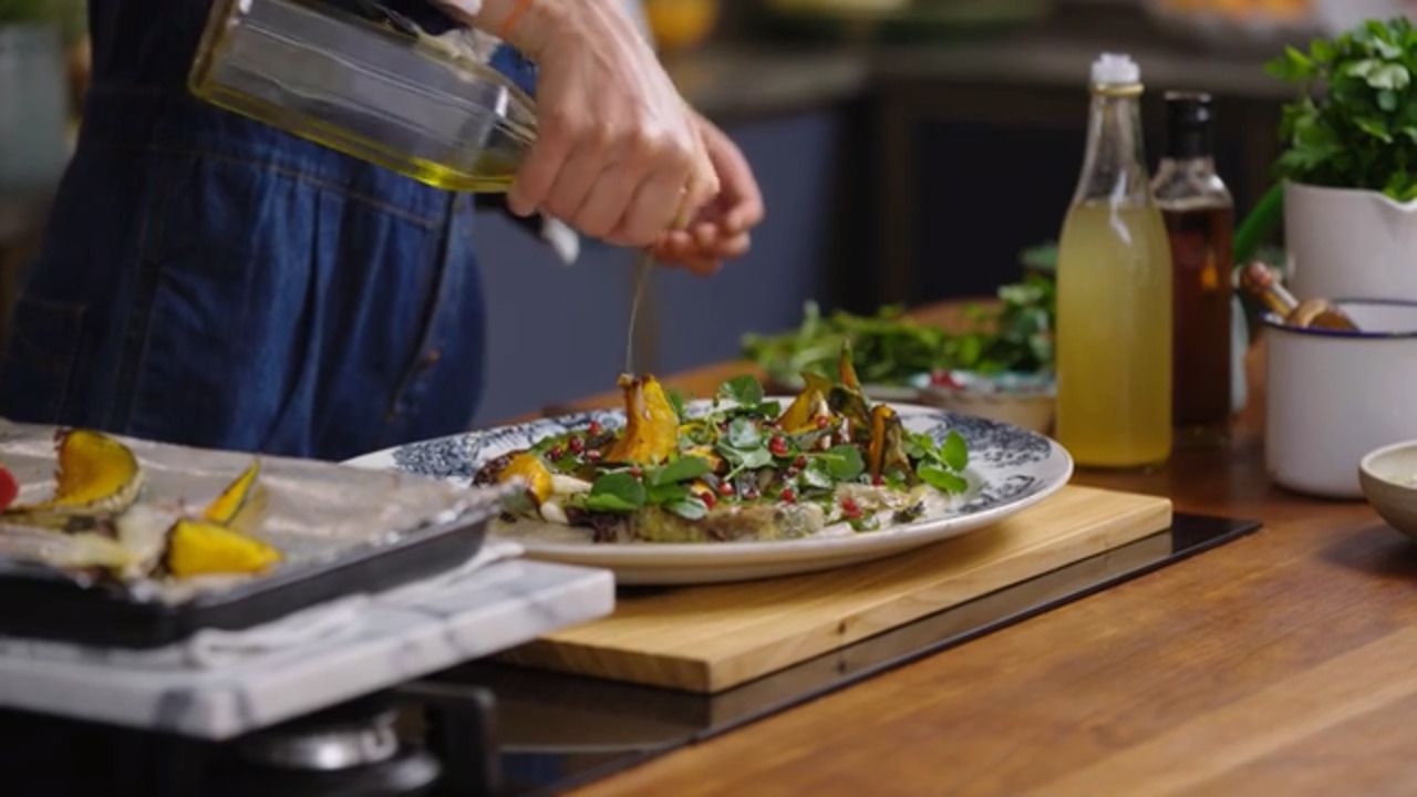 Eating the seasons - roast squash and radicchio, with white mole and chimichurri