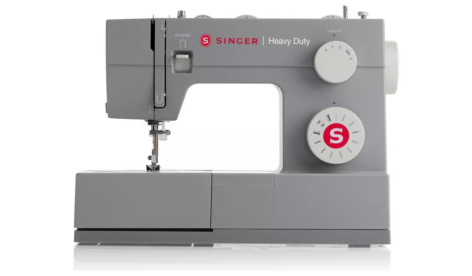 A product image of the Singer Heavy Duty 4411 Sewing Machine. The machine is light grey with red branding and white knobs. 