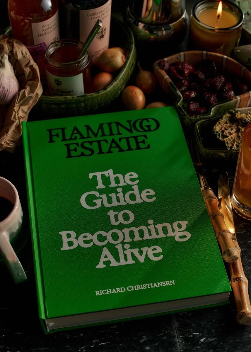 Product image of the Flamingo Estate book, 'The Guide to Becoming Alive' the book is bright green with white writing. 