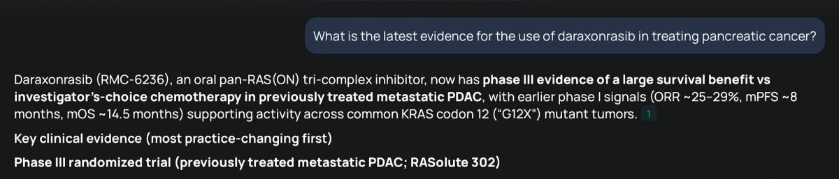 Vera Health clinical search engine answering a query about daraxonrasib for pancreatic cancer, summarizing the phase III RASolute 302 survival evidence.