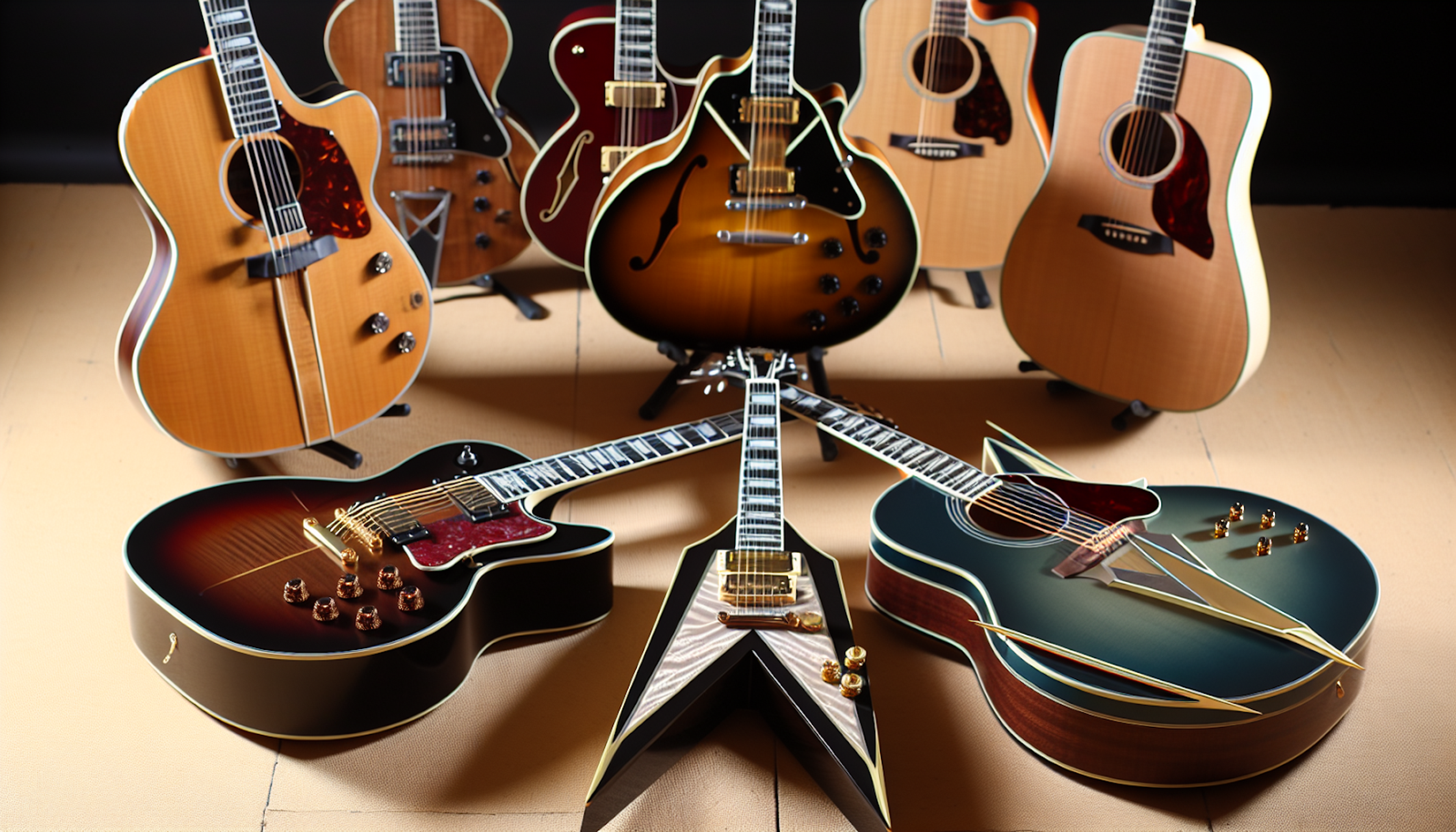 Assortment of Gibson guitars including the ES, Flying V, and Hummingbird