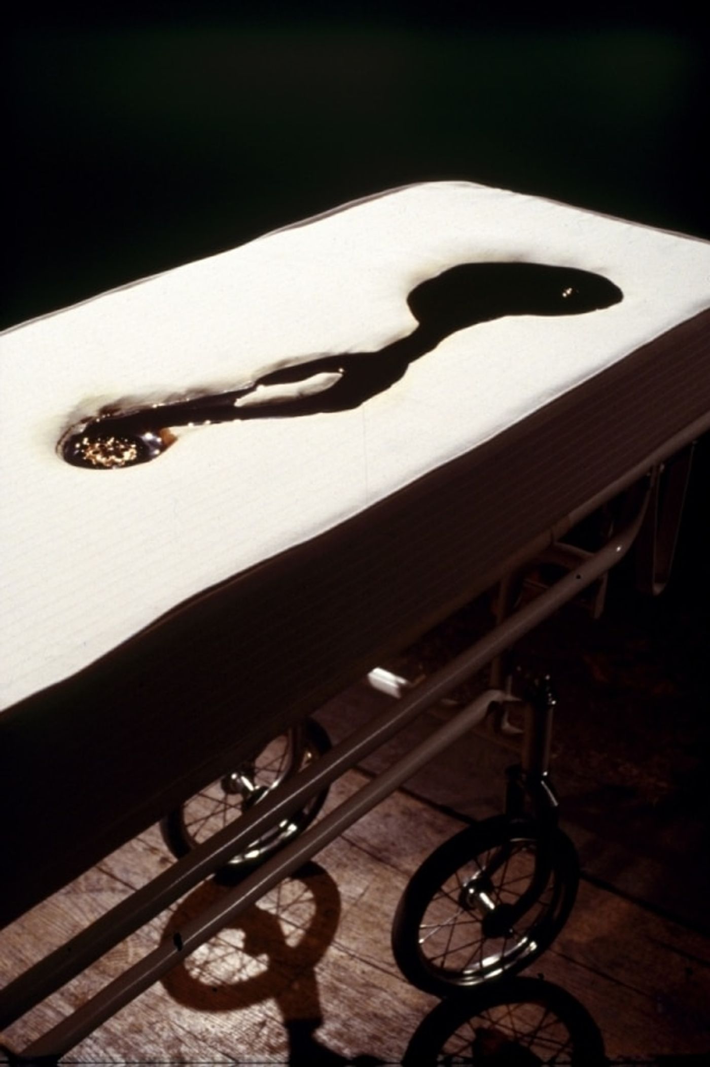 SLEEPING WITH CHOCOLATE_______autopsy table a self-contained unit, where chocolate is pumped to the surface and returns through a middle drain/ 1996