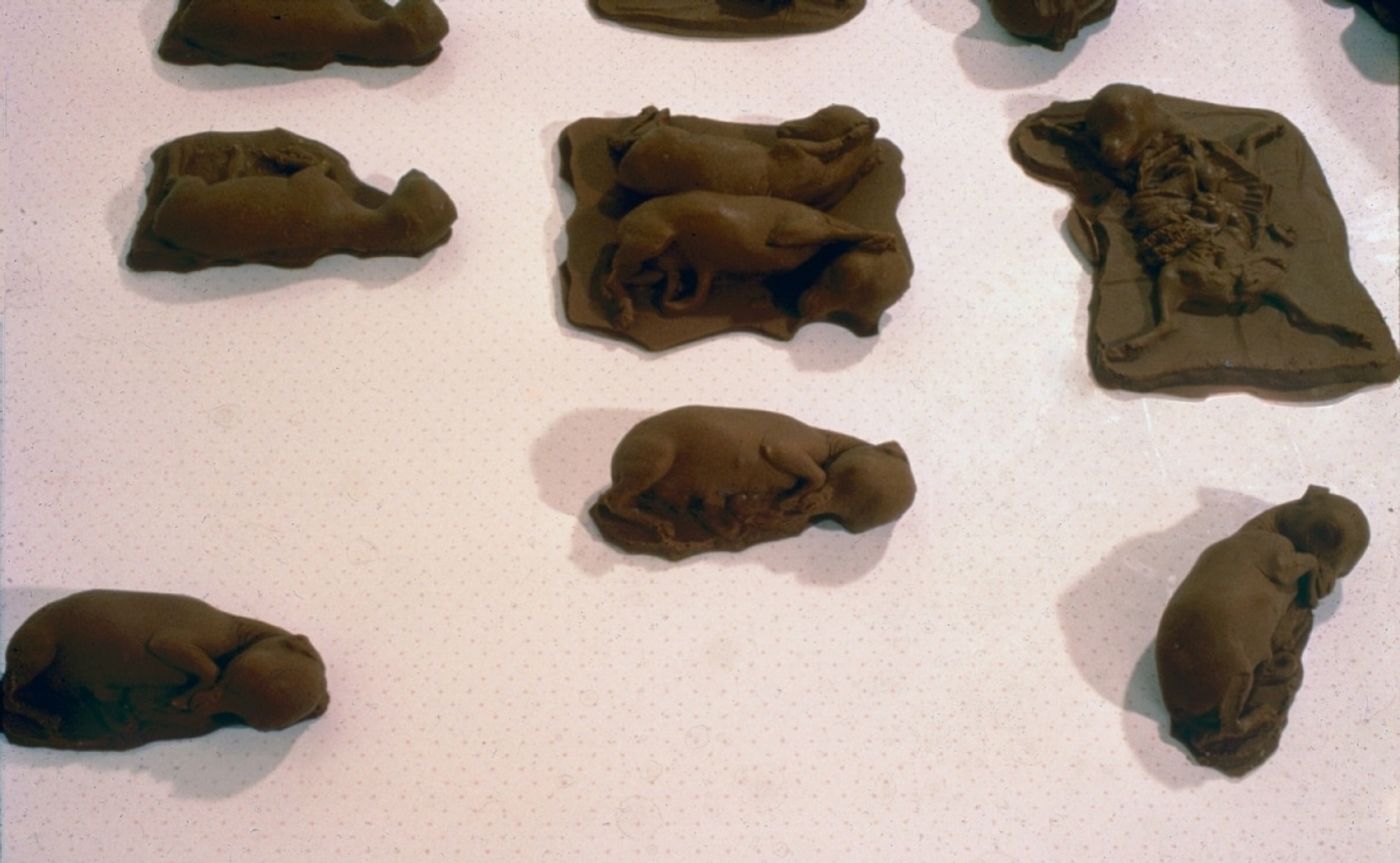 CHOCOLATE SOLILOQUY_______chocolate fetal goat casts, dried goat ears, alarm clock dipped in chocolate/ 1989