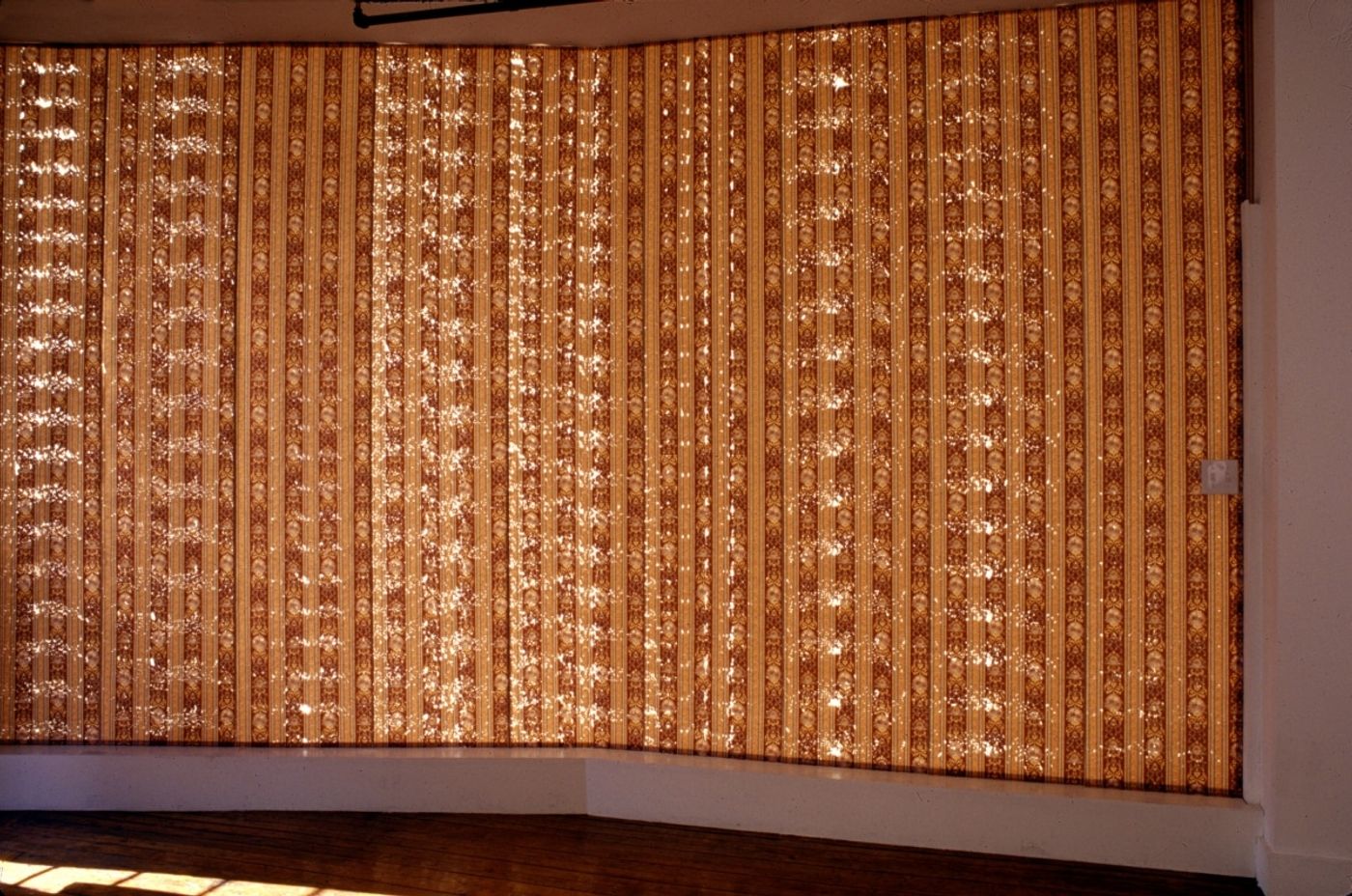 TOPOGRAPHICAL STUDY OF A GUNSHOT BLAST TO THE MOUTH_______wallpaper perforated with shotgun while still rolled up / 350X 250cm / 2001