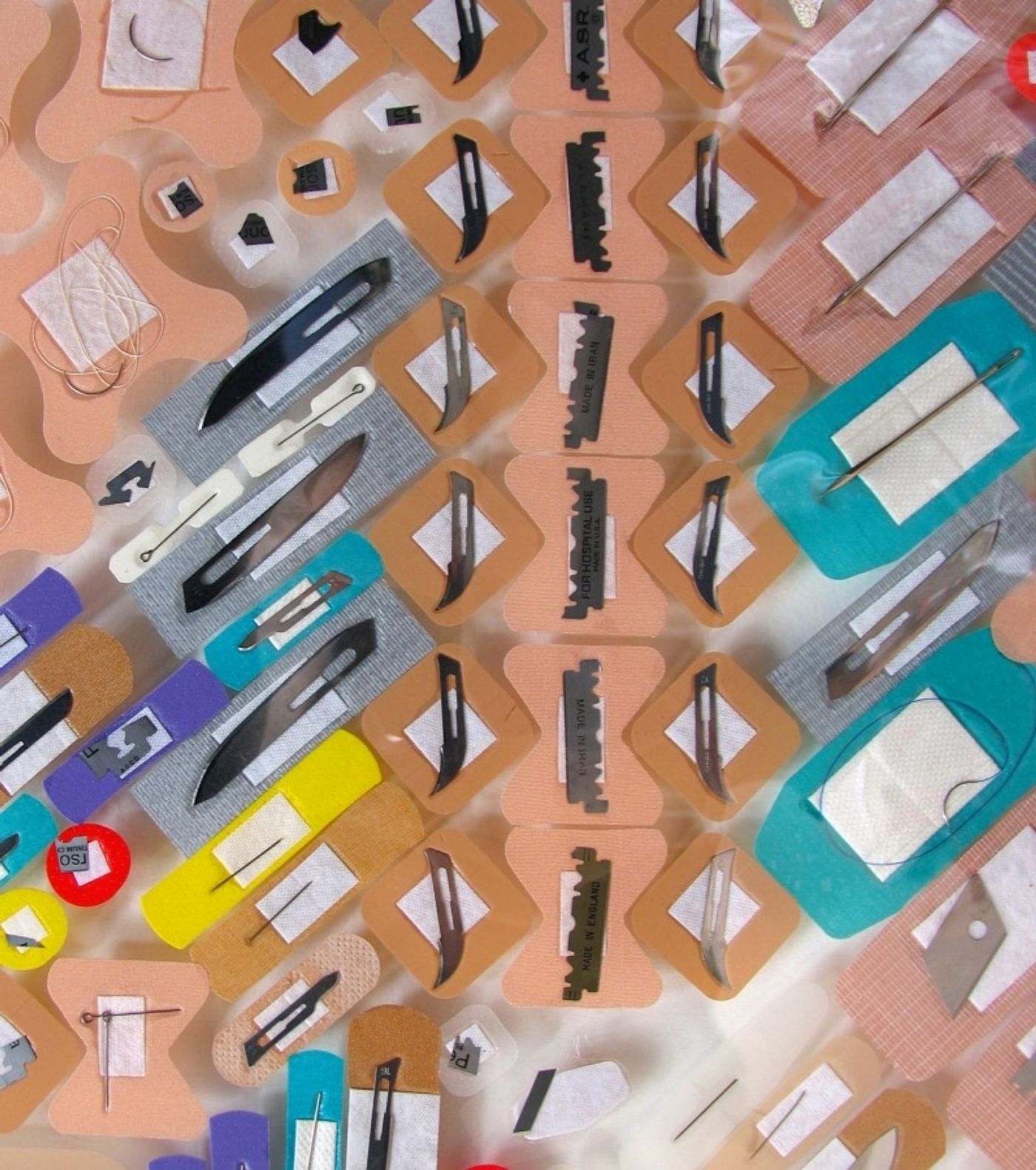 LOVE as a LIST OF VICARIOUS EDGES Series_______surgical scalpels, blades, pins, razors, bandages / various sizes / 2006 — 2010