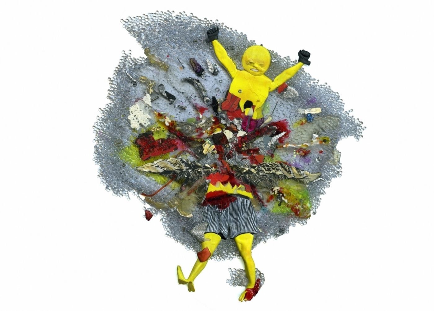 YELLOW MAN EXPLODES AS HIS FAMILY SIPS TEA_______heated and pressed mixed plastic / 30X30X1 cm/ 2008