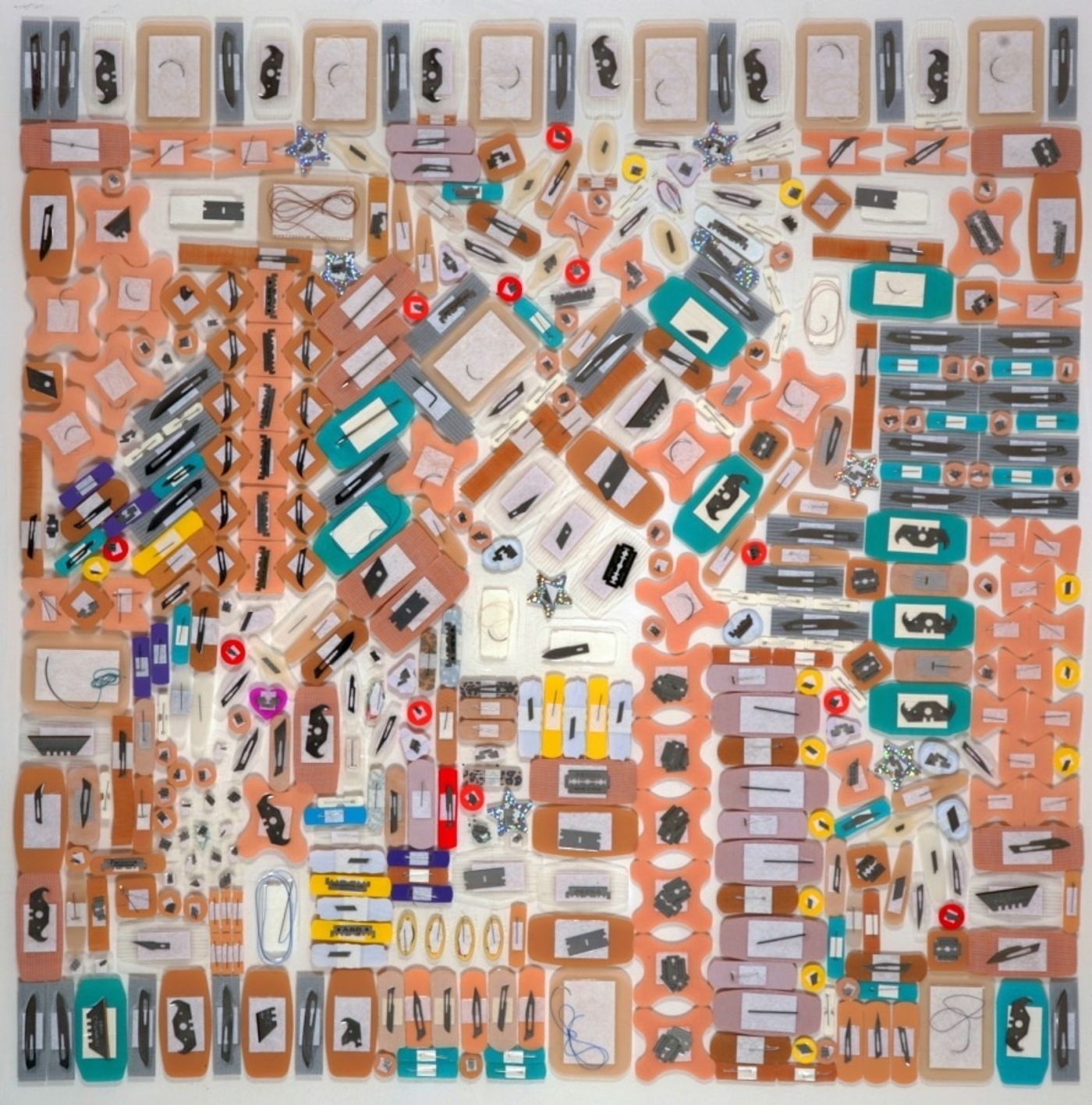LOVE as a LIST OF VICARIOUS EDGES Series_______surgical scalpels, blades, pins, razors, bandages / various sizes / 2006 — 2010