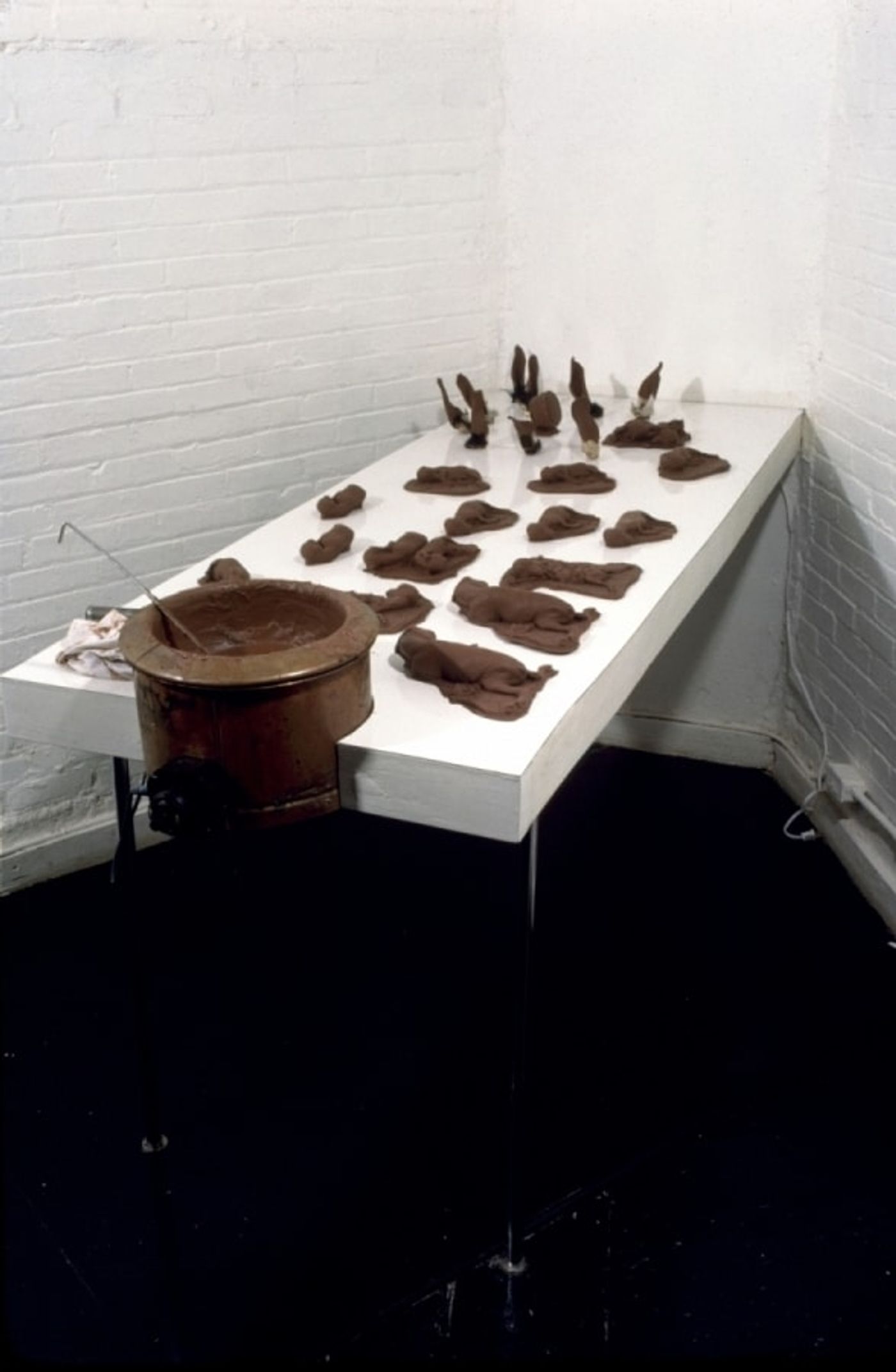 CHOCOLATE SOLILOQUY_______chocolate fetal goat casts, dried goat ears, alarm clock dipped in chocolate / 1989