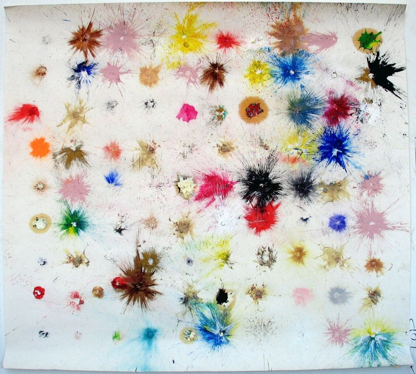 ALLERGY TEST. Ballistic Paintings Series_______paintball bullets filled with paint media and fired onto the paper / 90X90 cm