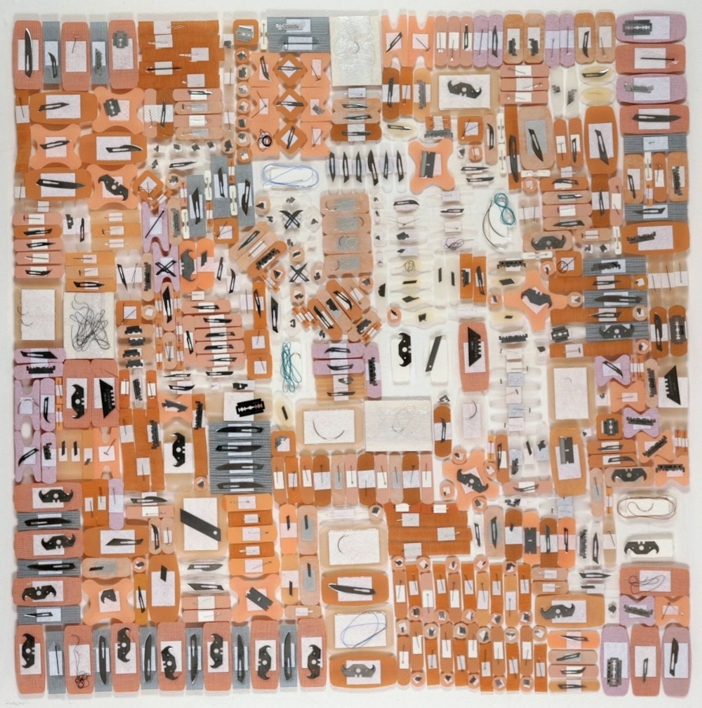 LOVE as a LIST OF VICARIOUS EDGES Series_______surgical scalpels, blades, pins, razors, bandages / various sizes / 2006 — 2010