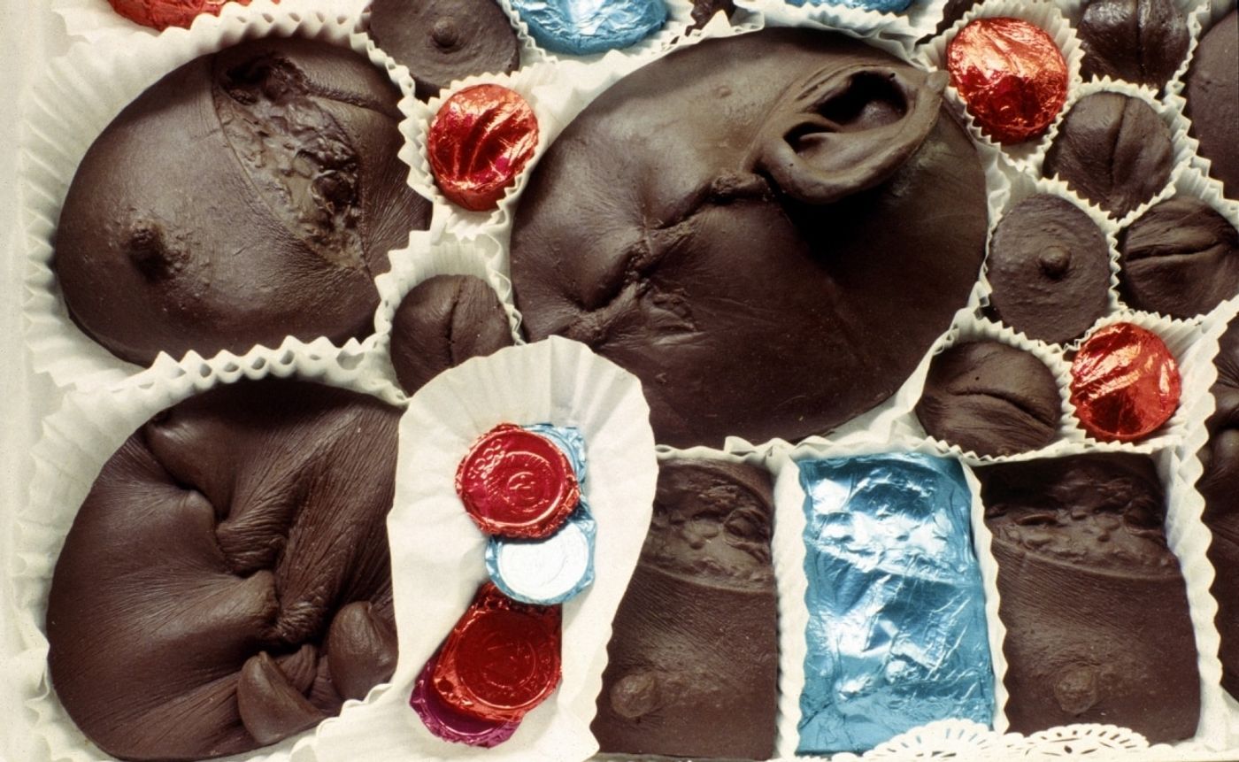 UNIDENTIFIED. RUSSIAN MORGUE CHOCOLATES_______impressions from wounds cast in dark chocolate / 44 X 48X 8 cm / 1994