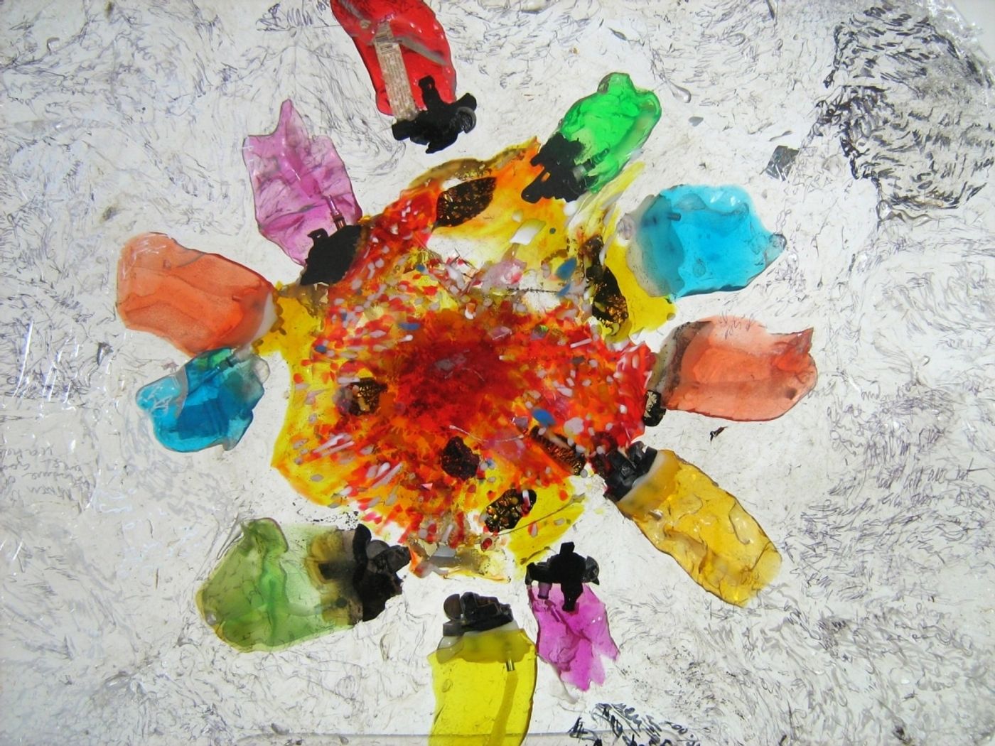 ZIPPO FLOWER AND DEFORMATION OF SACRED WORDS_______melted &amp; pressed plastic with sacred texts inscriptions / 50X1cm / 2012