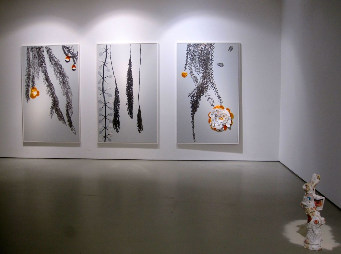 THE DANGER IS ALL MINE_______three panels 122 x 200 cm each, scalpel blades, melted pill bottles on aluminum composite panel / 2010