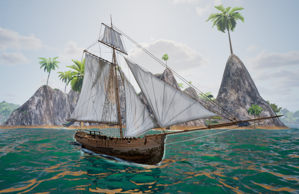 The Sloop running a channel between rocky islets under a hazy sky, one mast, a tall mainsail and a big headsail drawing, no colors flying.