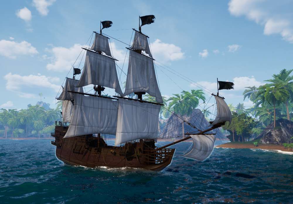 The Galleon riding an open roadstead, high stern castle, towering canvas, black flags fore and aft.