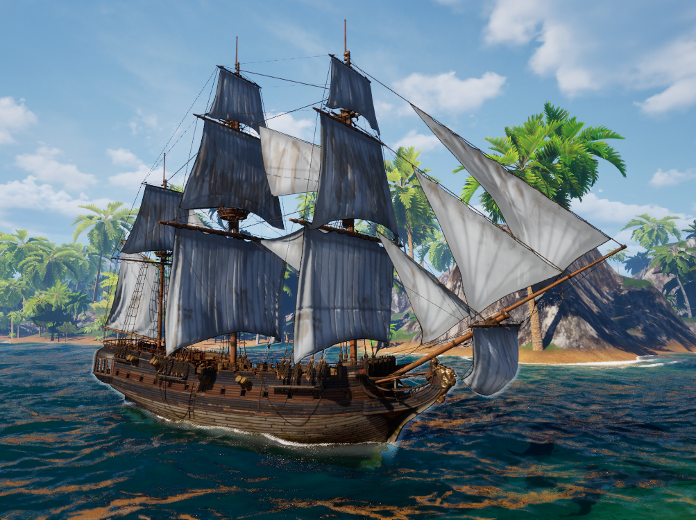 The Frigate off a rocky headland, gray weathered canvas set, a gilded figurehead at the bow, no colors flying.