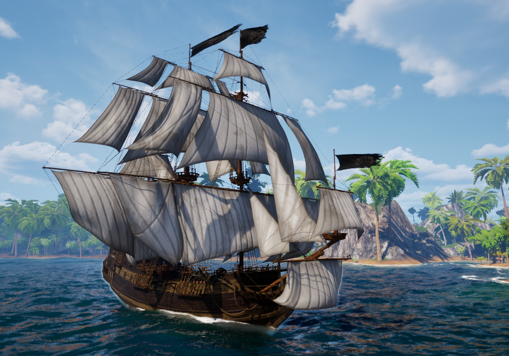 The Ship of the Line heeled under a full press of sail, canvas stacked in tiers, black flags high.