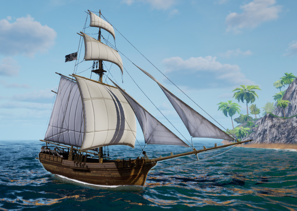 The Kutter off a palm-topped headland, one mast, a mainsail far too big for her, headsails crowding a long bowsprit, a skull flag at the masthead.