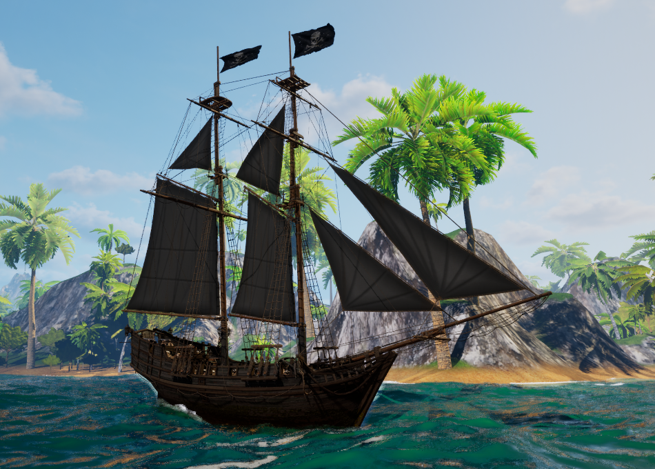 The Schooner off a rocky headland, dark canvas set, headsails run to the bowsprit, skull flags at both mastheads.