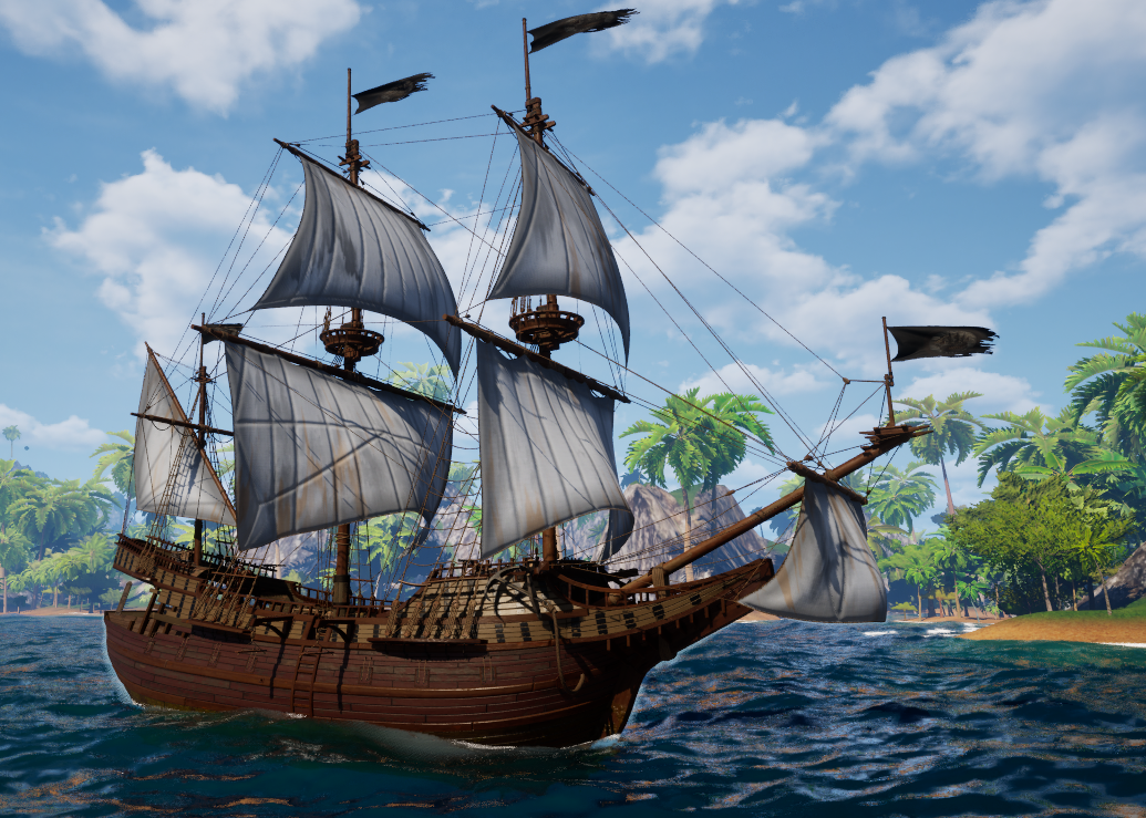 The Fluyt standing off a beach, her round pear bellied hull plainly visible, modest canvas, black flags flying.