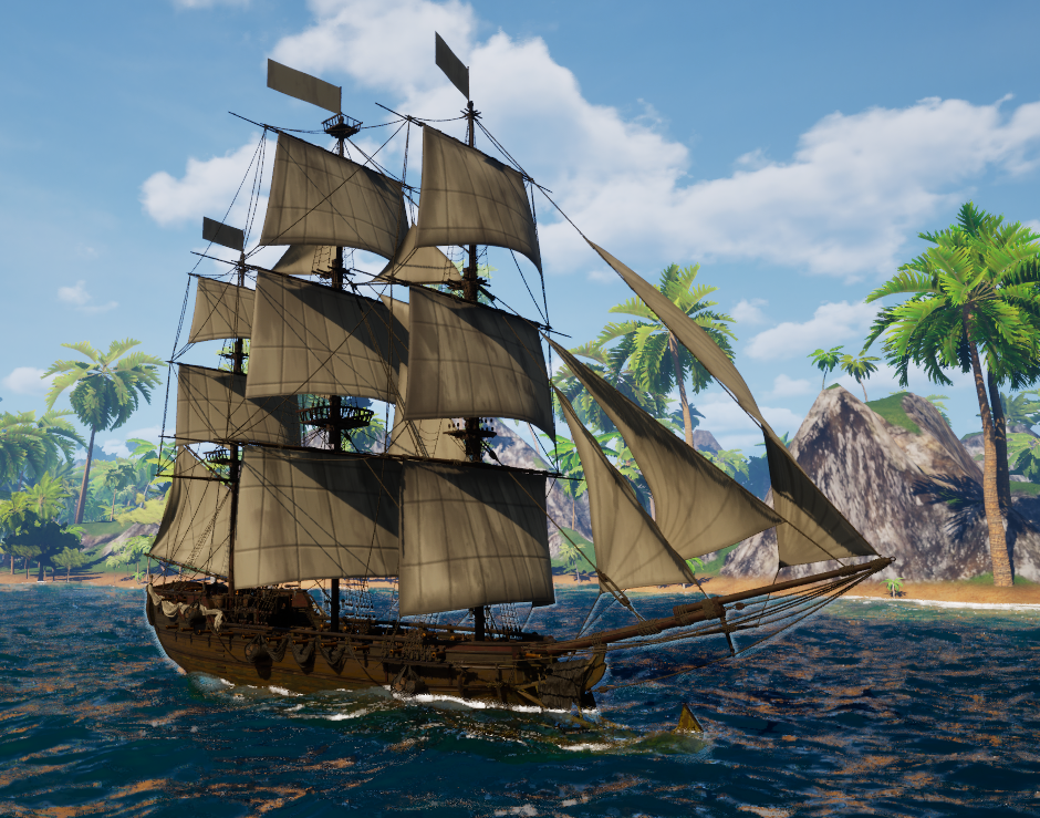 The Corvette close under the palms, tan weathered sails set, gray flags aloft, headsails run to a long bowsprit.