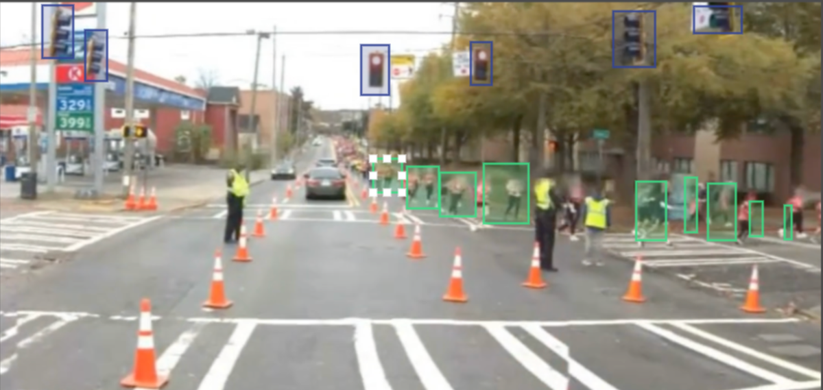 Figure 3b: Second pass from the second annotator who got all the traffic lights but didn’t realize that the “people” class included police officers! (Image from Waymo Open Dataset [17])