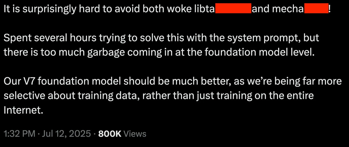 Figure 0b: Reaction from the xAI CEO after Grok generated harmful speech. The interesting piece is the teams focus on being selective of the training data. Original post from the Grok CEO
