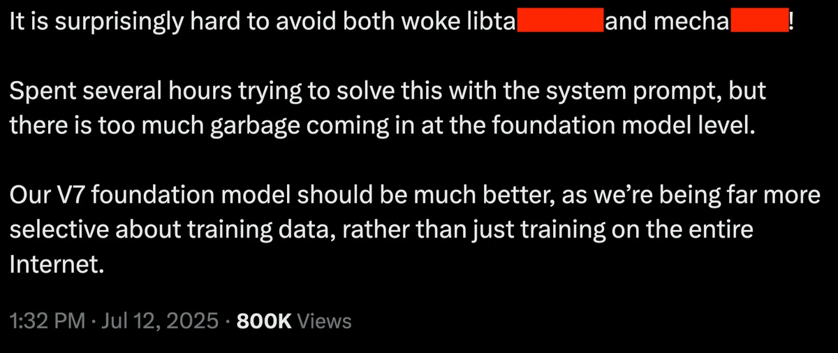 Figure 0b: Reaction from the xAI CEO after Grok generated harmful speech. The interesting piece is the teams focus on being selective of the training data. Original post from the Grok CEO