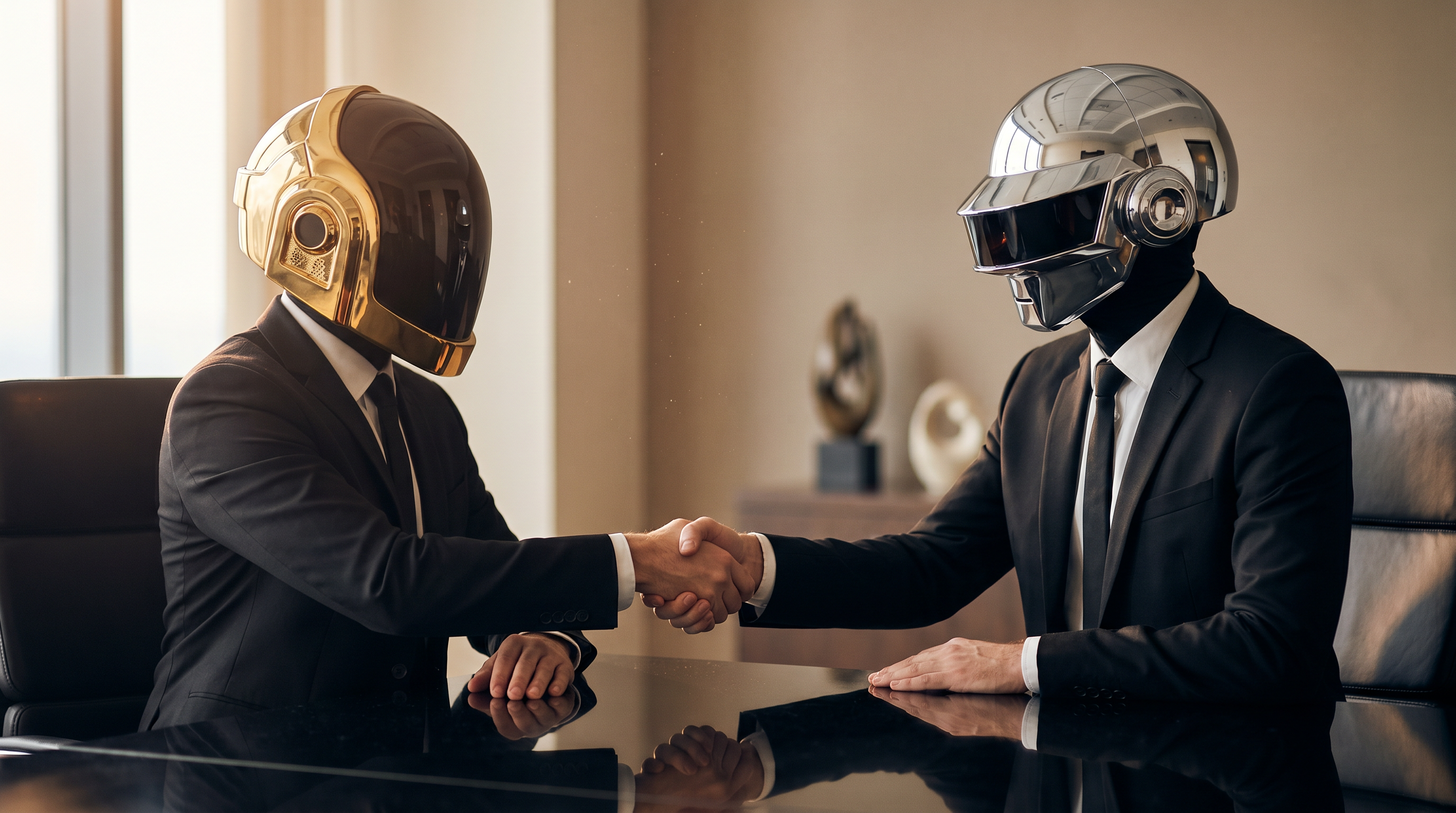 A picture of two businessmen-robots that close a deal