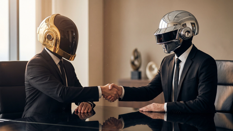 A picture of two businessmen-robots that close a deal