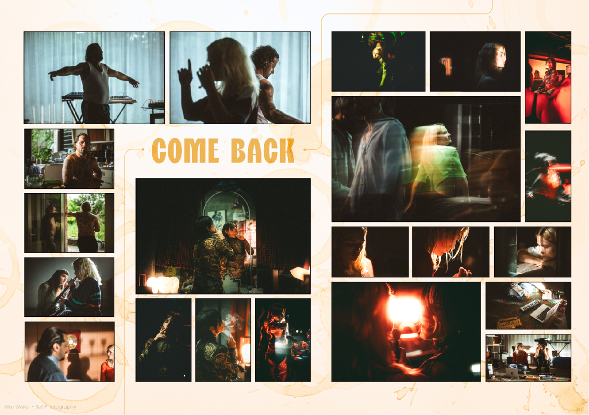 Page unique du portfolio de Milo Weiler présentant des photos du film "Come Back"