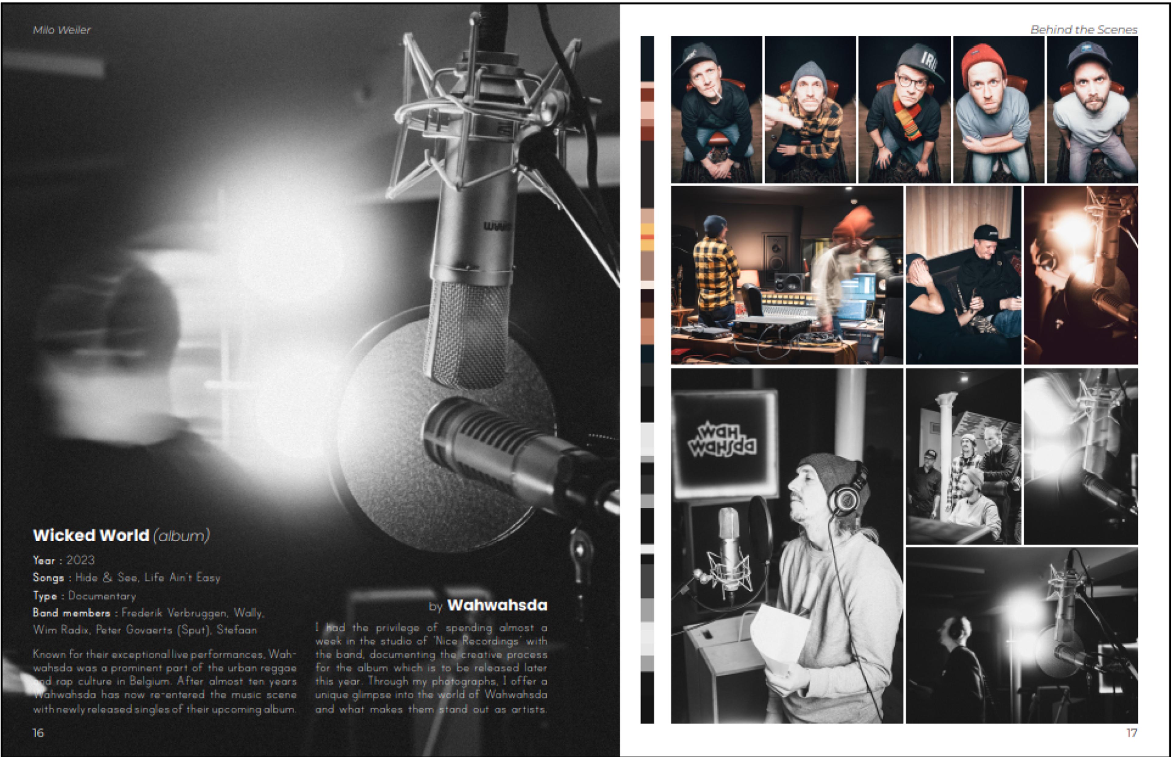 Single page out of Milo Weiler's portfolio album showing black and white shots from a music recording from the band Wahwahsda.