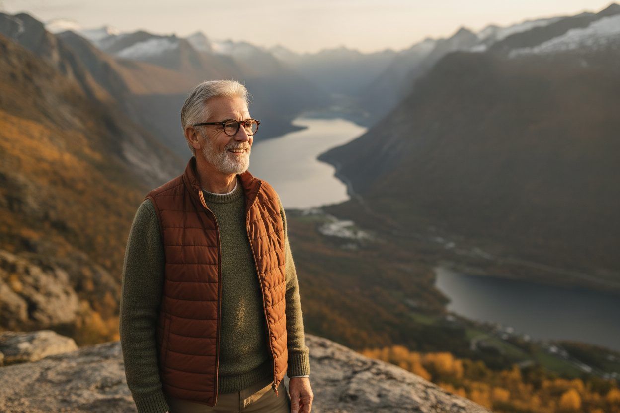 Senior mann med briller ser utover et norsk fjellandskap