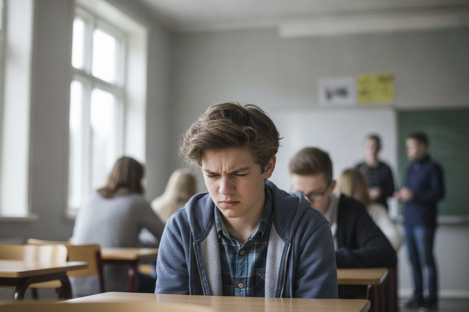 Ungdom myser mot tavlen i klasserommet