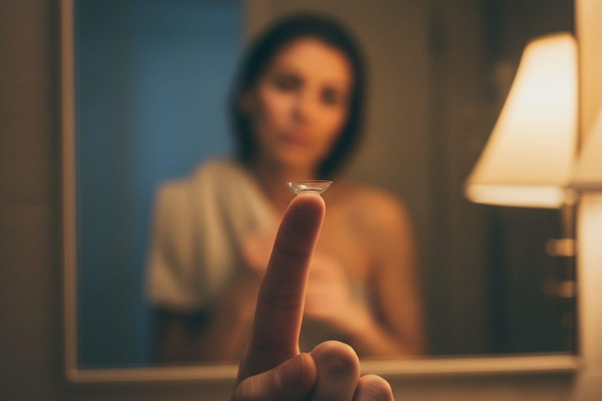 Kontaktlinse på fingertuppen foran badespeilet om kvelden