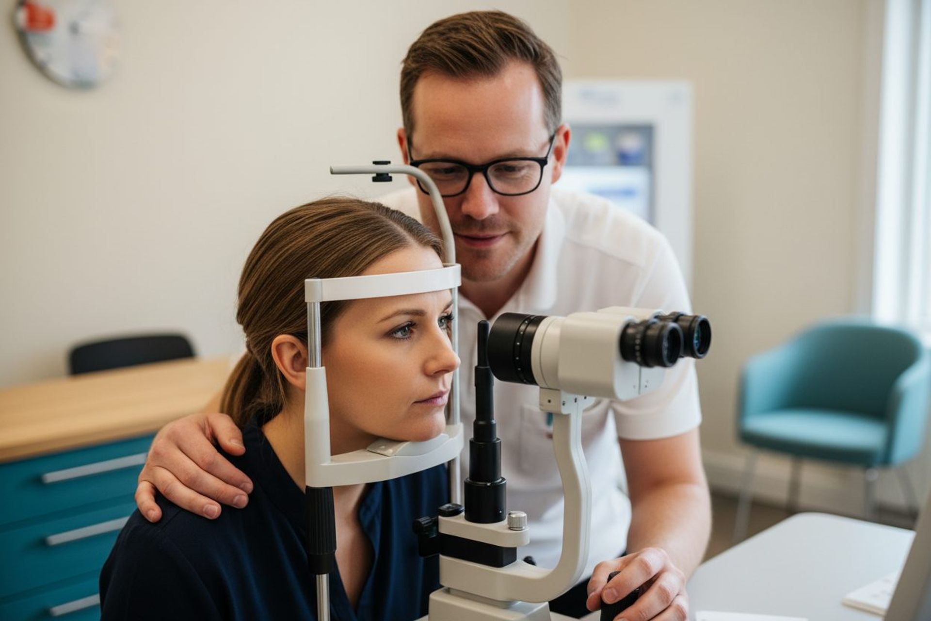 Optiker undersøker øynene til en kunde med prøvebrille
