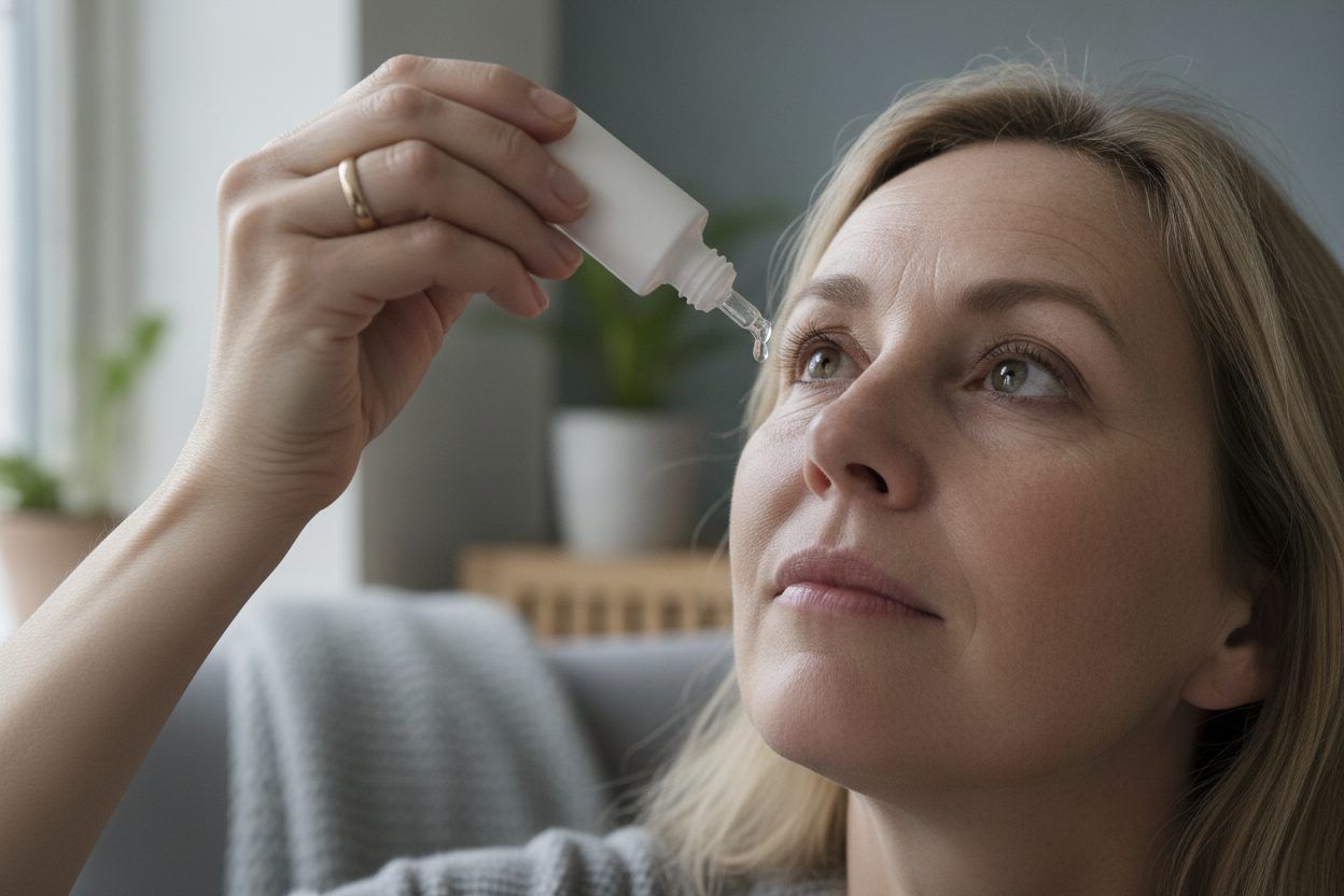 Kvinne drypper øynene med fuktighetsdråper