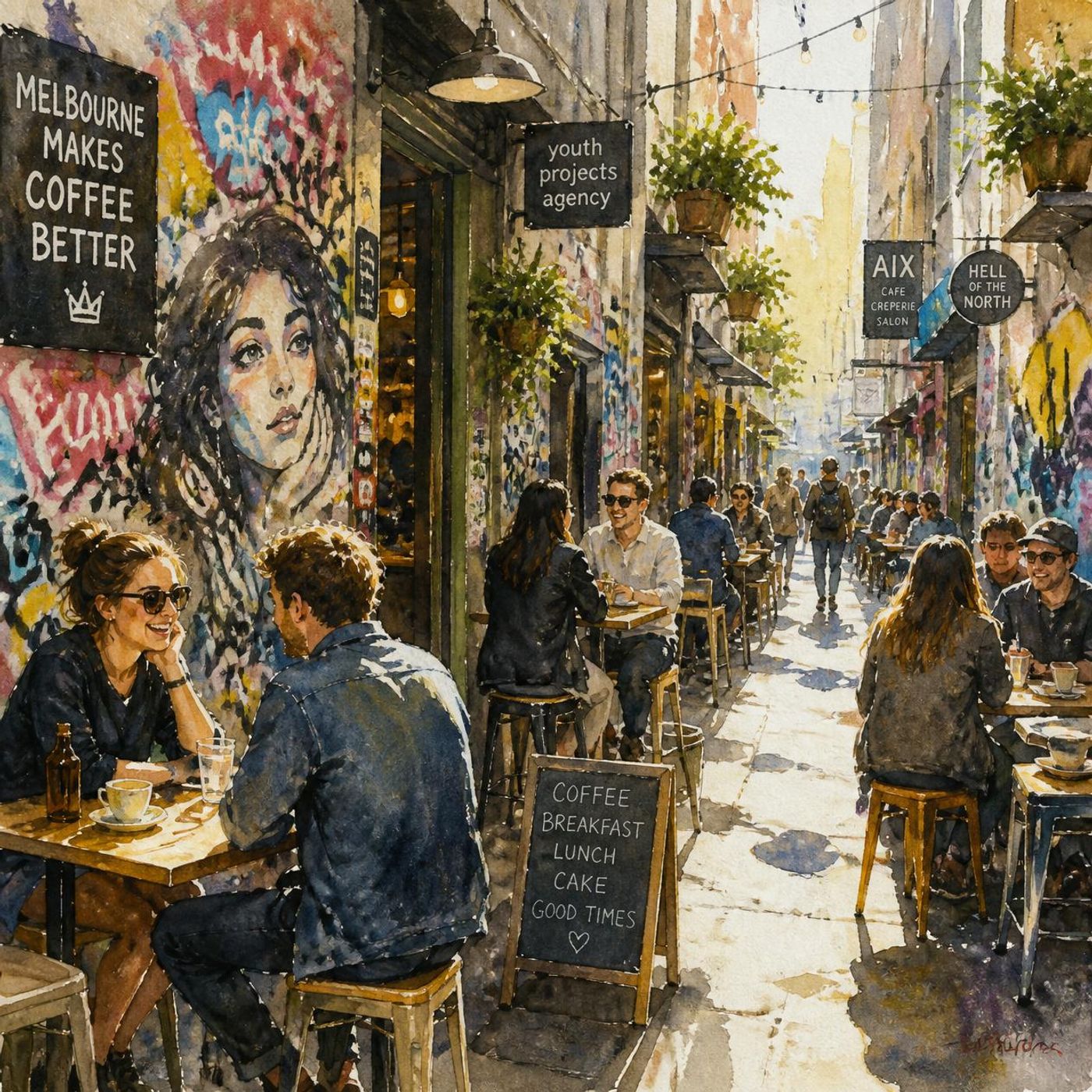 Melbourne laneway cafe with colourful street art mural and outdoor dining tables