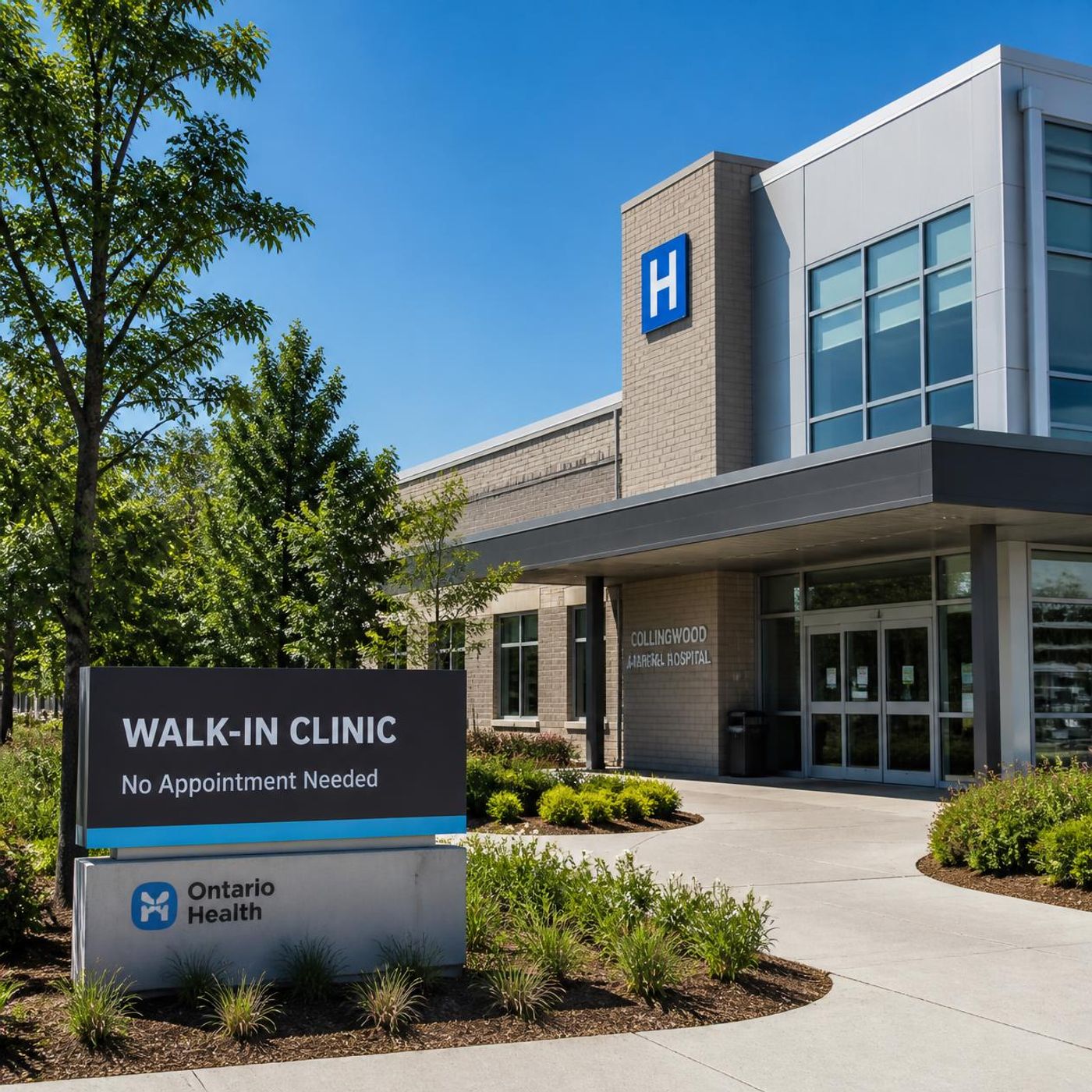 Ontario Health walk-in clinic exterior with a No Appointment Needed sign and hospital entrance