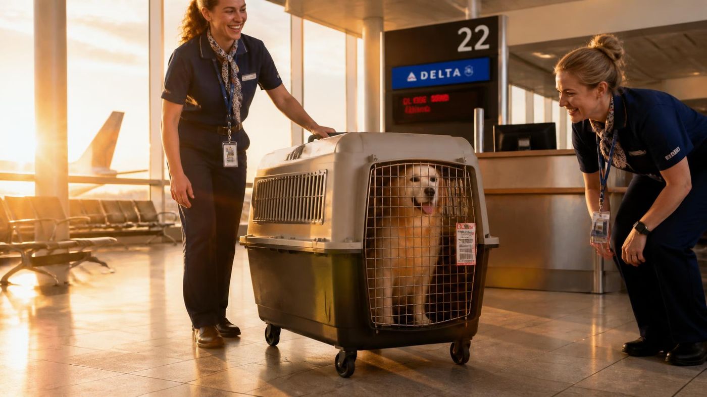 Golden retriever inside a pet travel crate at a Delta Air Lines gate 22 counter, with two airline staff smiling beside it and a plane visible through the window at sunset.