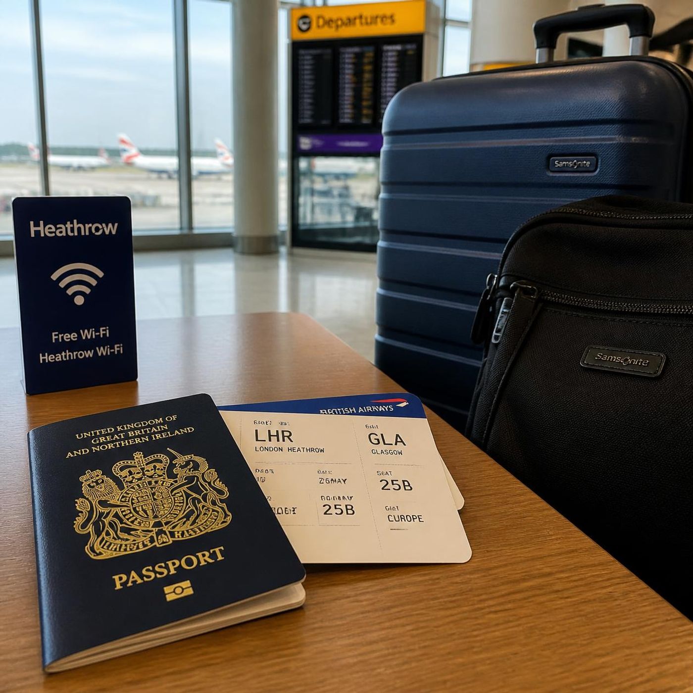 UK passport and boarding pass on wooden table with black luggage and airport terminal in background