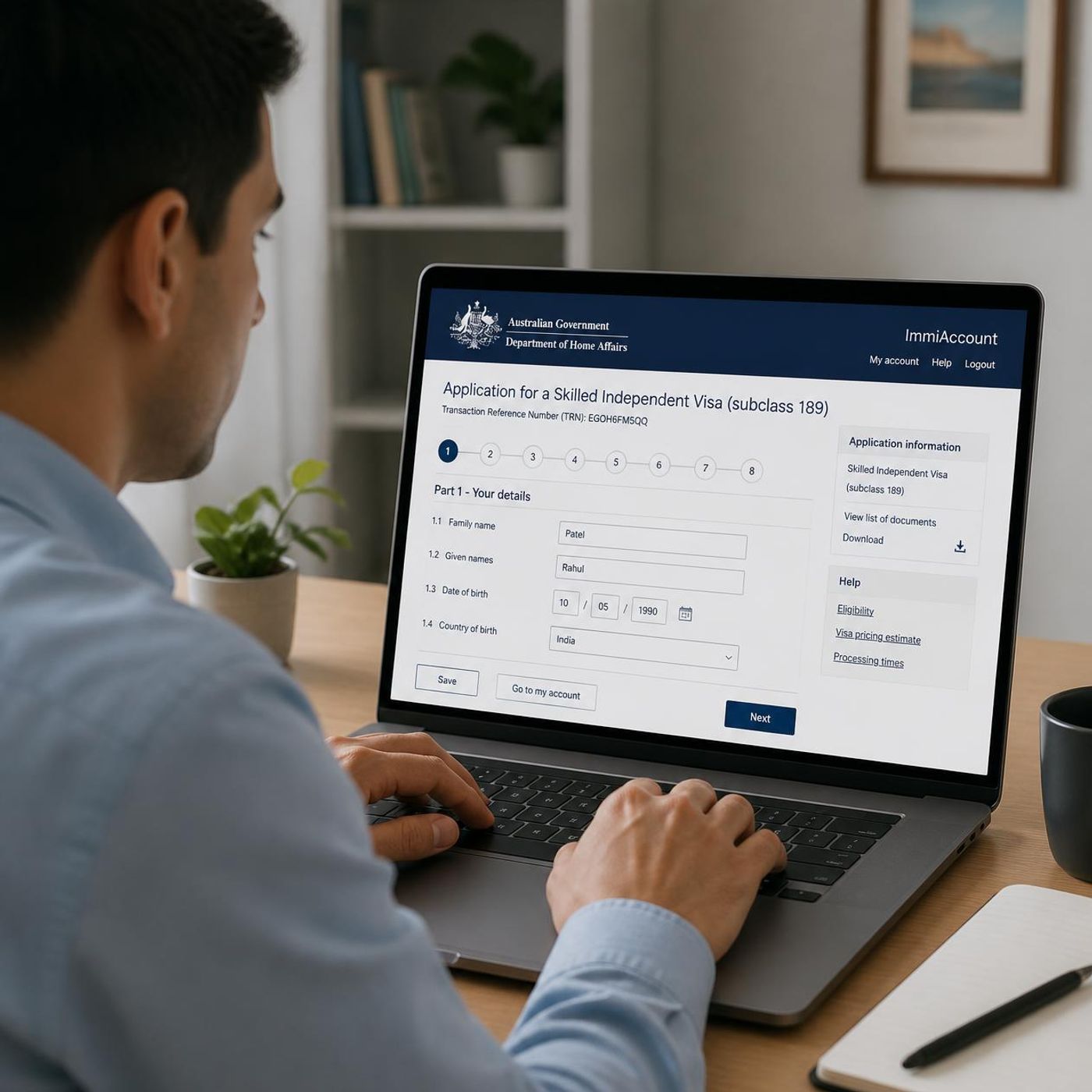 Professional in business attire completing an Australian 189 skilled independent visa application on laptop at home office desk