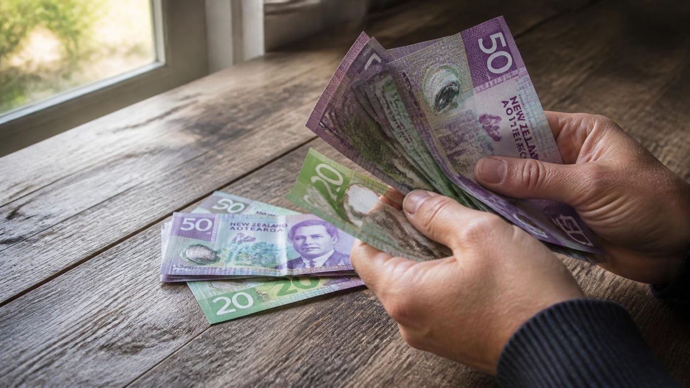 Hands counting New Zealand dollar banknotes, including $50 and $20 notes, on a wooden table by a window.
