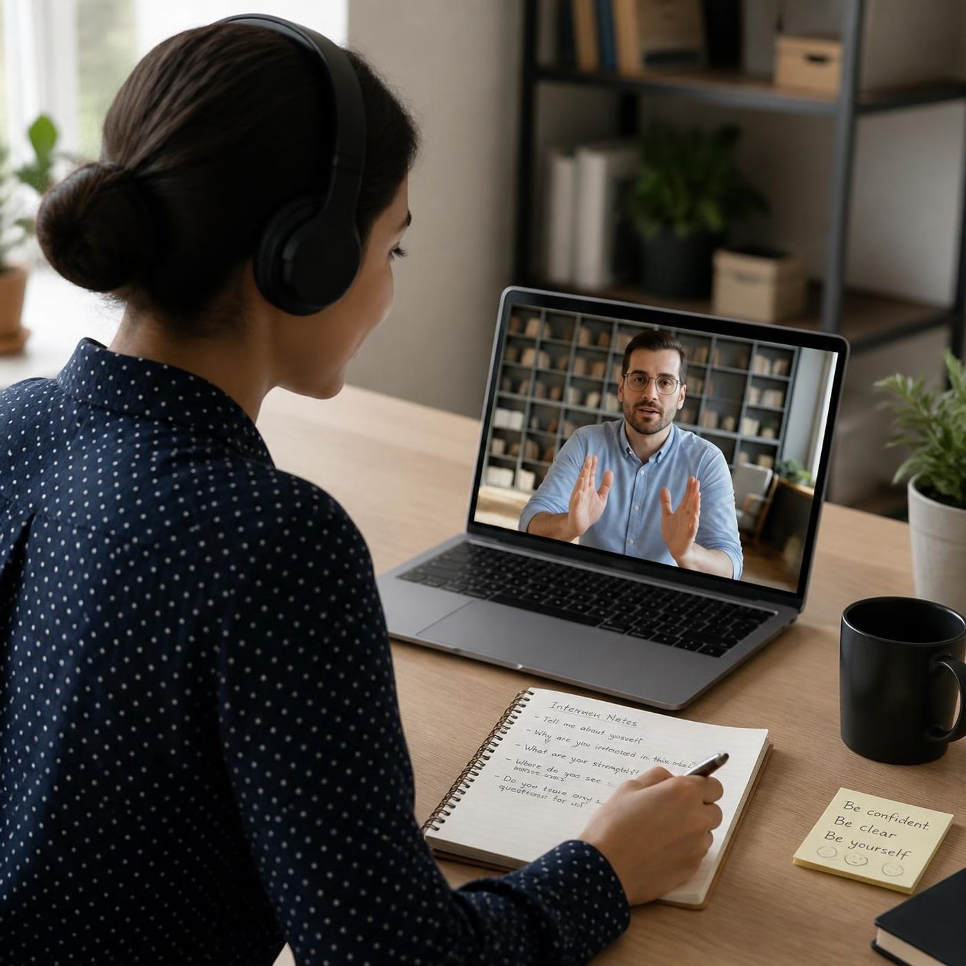 Person wearing headphones participating in video call interview on laptop with notepad and pen on desk