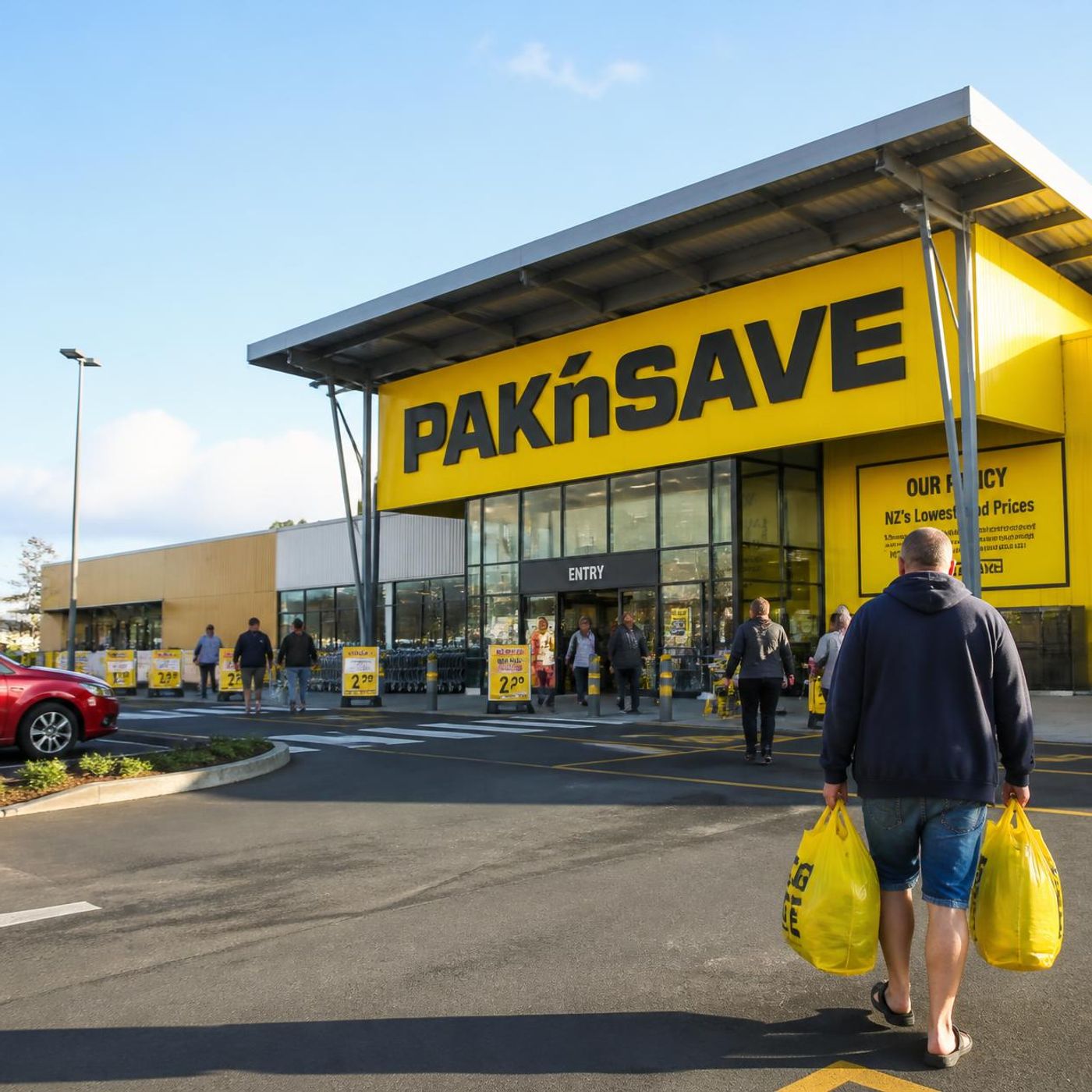 PAK'nSAVE supermarket exterior with a shopper carrying yellow bags toward the entrance