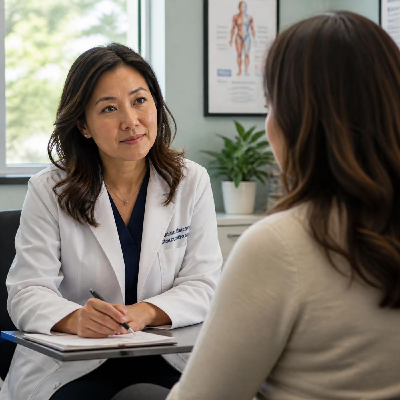 Female doctor in white coat with stethoscope consulting with patient across desk in bright medical clinic office