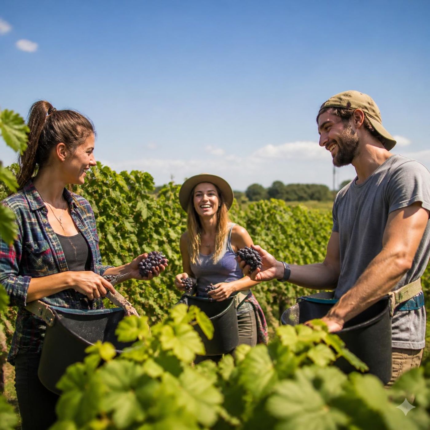 Three young workers picking grapes in a sun-lit vineyard row