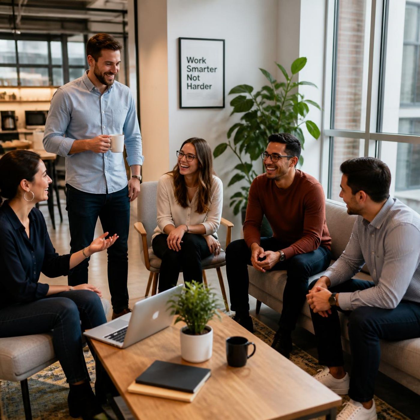 Group of diverse colleagues standing and sitting in modern office having casual conversation around coffee table