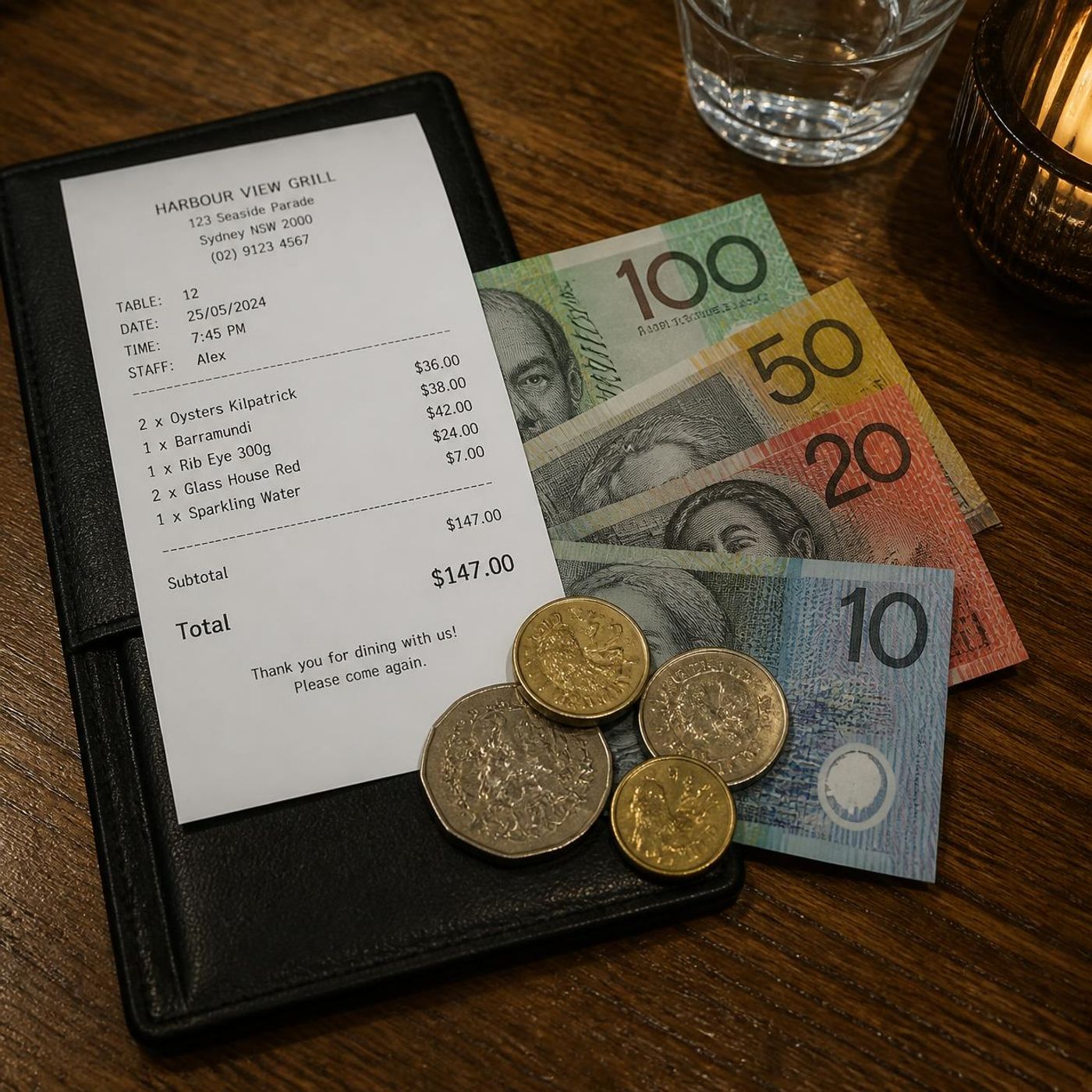 Restaurant bill in black holder with Australian dollar notes including $100, $50, $20, and $10 bills plus coins on wooden table