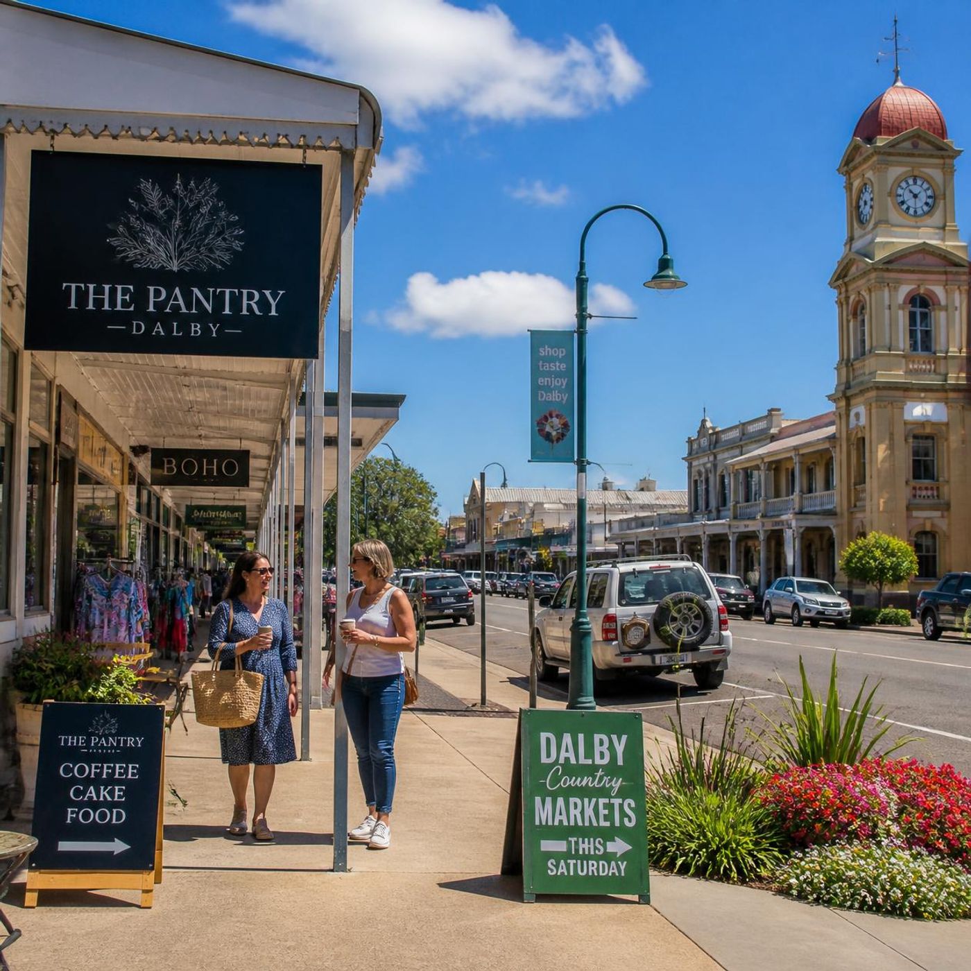 Main street of Dalby, a regional Australian town, showing heritage buildings, local shops, pedestrians, and street plantings on a sunny day